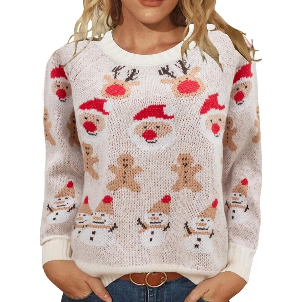 Womens Christmas Holiday Crewneck Sweater Santa Reindeer Snowman Cream Large‎